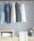 Hepatica Petal Peel And Stick String Wallpaper In Blue Floral Repositionable Wall Covering With Real String Texture in closet.