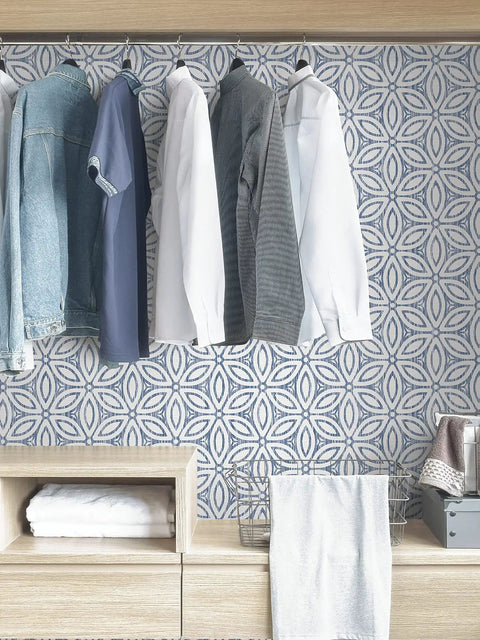 Hepatica Petal Peel And Stick String Wallpaper In Blue Floral Repositionable Wall Covering With Real String Texture in closet.