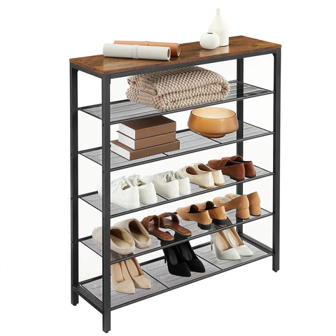 Ditch The Closet Mess With This Giant Shoe Rack Featuring Adjustable Metal Mesh Shelves For Entryway Or Mudroom Park Dozens Of Daily Kicks Rustic Brown Storage Unit with shoes.