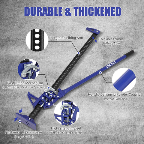 Heavy Duty Farm Jack 3 Ton 6600 Lb Capacity 48 Inch High Lift Steel Off Road Ratcheting Utility Jack shown with features