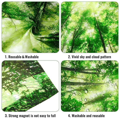 Four Pack 4x2 Feet Fluorescent Light Covers With Magnetic Filters For Classrooms, Offices, Homes And Hospitals Forest Green Decorative Ceiling Shade Easy Snap Fit Keeps Glow Soft And Glare Free displaying forest scenery pattern in use, highlighting fabric texture and magnetic feature.