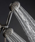 Oil Rubbed Bronze High Pressure Three Way Shower System With Rain Head And Six Setting Handheld in action, dual heads spraying water