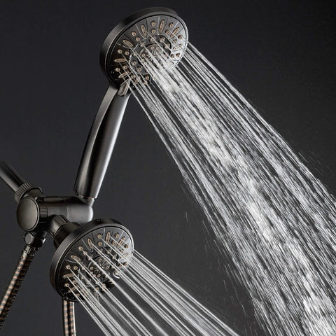 Oil Rubbed Bronze High Pressure Three Way Shower System With Rain Head And Six Setting Handheld in action, dual heads spraying water