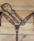 Top Shelf Western Leather Horse Tack Set Bringing The Boss Vibe To Every Ride With A Custom Headstall And Breast Collar, floral and checkered details.