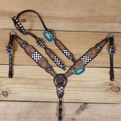 Top Shelf Western Leather Horse Tack Set Bringing The Boss Vibe To Every Ride With A Custom Headstall And Breast Collar, floral and checkered details.