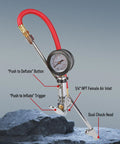 Close-up of tire inflator with pressure gauge and 12 inch rubber hose, showing dual chuck head and 1/4 inch NPT inlet.