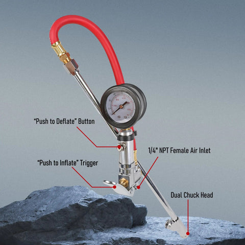 Close-up of tire inflator with pressure gauge and 12 inch rubber hose, showing dual chuck head and 1/4 inch NPT inlet.