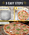 Steps showing use of Extra Large Stainless Steel Pizza Peel With Folding Handle For Indoors Or Outdoors Ovens Dishwasher Safe Metal Pizza Paddle 13 Inch By 15 Inch Heavy Duty Pro Grade Oven Accessory For Easy Pie Lifts And Quick Cleanup.