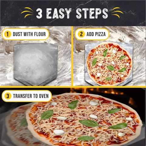 Steps showing use of Extra Large Stainless Steel Pizza Peel With Folding Handle For Indoors Or Outdoors Ovens Dishwasher Safe Metal Pizza Paddle 13 Inch By 15 Inch Heavy Duty Pro Grade Oven Accessory For Easy Pie Lifts And Quick Cleanup.