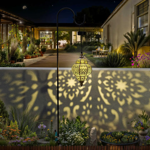 Hanging Solar Lanterns Outdoor Decor For Patio Pathway Yard And Garden, Waterproof Plastic Moroccan Style Lights casting patterns