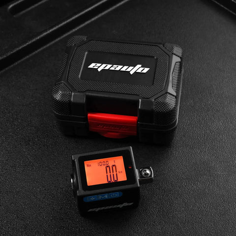 One Half Inch Digital Torque Adapter With Beep Alert Garage Ready, 29.5 To 147.6 Ft Lb Range next to carrying case on black surface.