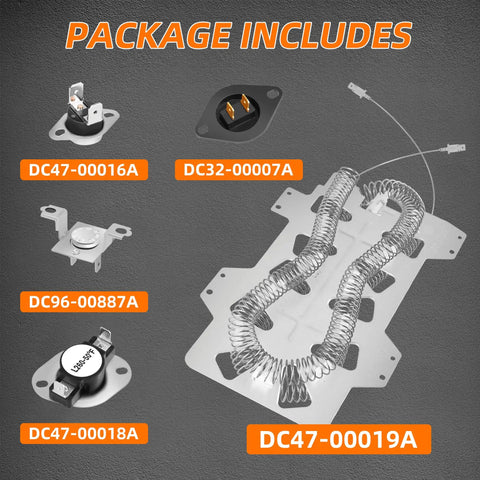 Dryer Heating Element Kit Replaces DC47 00019A Fits A Bunch Of Models with components DC47-00016A DC32-00007A visible