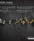 Assorted Kohler faucet finishes on dark stone background showcasing durability and style