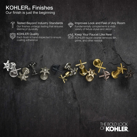Assorted Kohler faucet finishes on dark stone background showcasing durability and style