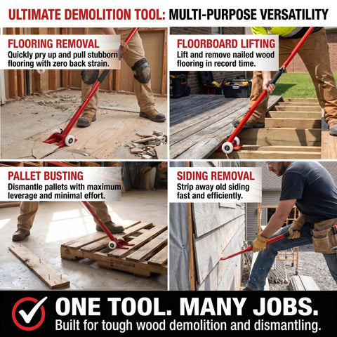 Pallet Buster Deck Wrecker Tool Heavy Duty Pry Bar For Pallets Flooring Wood Dismantling Manual Demolition Crowbar With Extra Long Handle For Maximum Leverage So You Pry Deck Boards Like A Boss, red long-handle pry bar removing flooring, pallets, siding