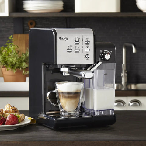 Super Sleek Programmable Espresso And Cappuccino Maker Featuring Automatic Milk Frother And 19 Bar Pump Stainless Steel Build, brewing coffee on a countertop with milk.