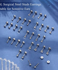 16 Pairs Cartilage Flat Back Stud Earrings Set for Women, Hypoallergenic CZ Sparkle, Tiny Ball and Flat Dot Designs, Gold Plated, Silver Plated, or Black Tone, Wear Solo or Layer Across Multiple Piercings. 316L steel 2mm-3mm studs on blue background