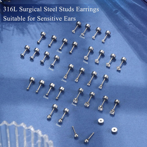 16 Pairs Cartilage Flat Back Stud Earrings Set for Women, Hypoallergenic CZ Sparkle, Tiny Ball and Flat Dot Designs, Gold Plated, Silver Plated, or Black Tone, Wear Solo or Layer Across Multiple Piercings. 316L steel 2mm-3mm studs on blue background