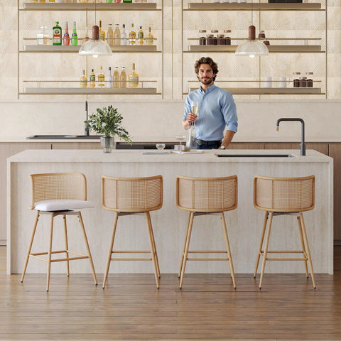 Set Of 4 Swivel Rattan Bar Stools, 26 Inch Counter Height With Natural Woven Back And White Faux Leather Seats in modern kitchen