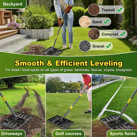 Heavy Duty Lawn Leveling Rake With 17 Inch By 10 Inch Stainless Steel Ground Plate And 60 Inch Handle used in various landscapes.