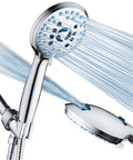 AquaCare chrome high-pressure 8-mode handheld shower head with 6 ft stainless hose and wall/overhead bracket, front view