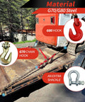 Heavy Duty 3/8 To 1/2 Inch Chain Binder Kit With 2 Grade 70 Ratchet Chains, 10 Ft Each on flatbed, showing chain and hooks.