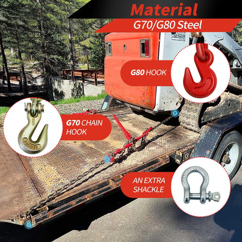 Heavy Duty 3/8 To 1/2 Inch Chain Binder Kit With 2 Grade 70 Ratchet Chains, 10 Ft Each on flatbed, showing chain and hooks.