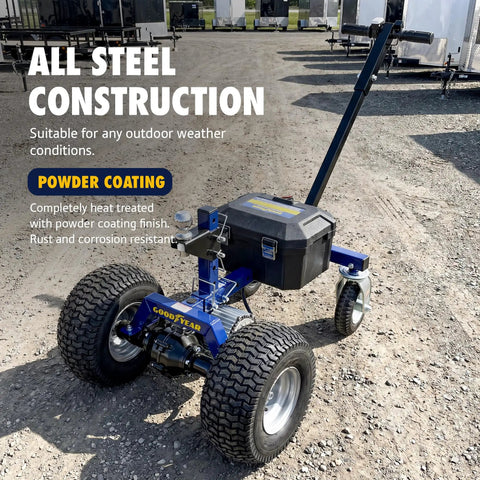 Heavy Duty Goodyear Electric Trailer Dolly 3600 Lbs Capacity With Powerful 24 Volt 800W Motorized Design shown in outdoor setting on gravel.