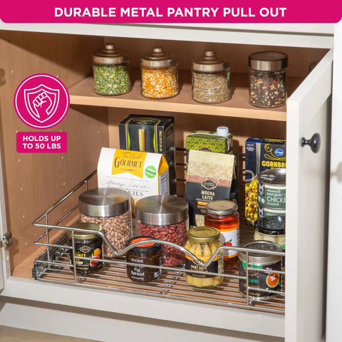 Heavy-Duty Cabinet Organizer With Pull-Out Drawer For Pots And Pans, Smooth Roll-Out Slides, Anti-Rust Chrome Finish, in cabinet