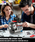 Two people building Mini V8 Engine Model Kit That Actually Runs, DIY Display Ready Construction Toy for adults.