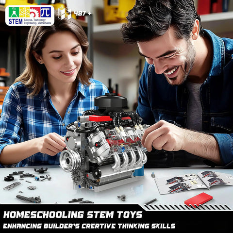 Two people building Mini V8 Engine Model Kit That Actually Runs, DIY Display Ready Construction Toy for adults.