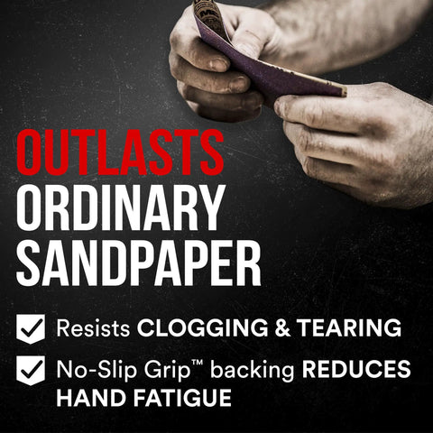 Pro Grade Purple Sandpaper 180 Grit No-Slip Grip For Wet Or Dry Use With Premium Cubitron II Mineral Grits shown in use.