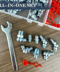 One Quarter Inch SAE Grease Fittings Kit with 82 pcs including wrench, zerk nipples, caps; pro grade straight 45 and 90 degree angled