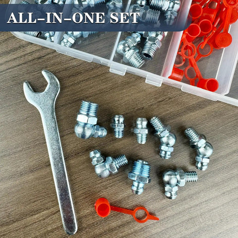 One Quarter Inch SAE Grease Fittings Kit with 82 pcs including wrench, zerk nipples, caps; pro grade straight 45 and 90 degree angled