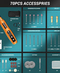 GINELSON cordless rotary tool kit with orange body, USB charging cable and storage case (front view)
