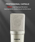 Professional XLR Condenser Microphone With 34mm Large Diaphragm Cardioid Pattern, sleek silver finish, close-up of grille and capsule