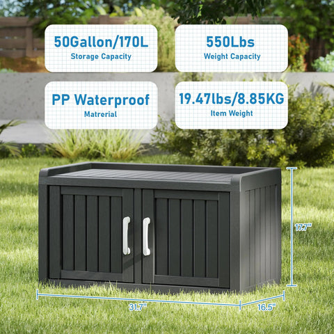 All Weather Outdoor Shoe Storage Cabinet With Two Barn Doors No Fuss Waterproof UV Resistant Entryway Bench on grass