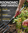 Gardener using Beefy Forged Steel Spading Fork With D Grip Handle 41 Inch Premium 4 Tine Digging Fork in garden soil