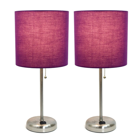 Brushed Steel Stick Table Lamp Set With Charging Outlet And Purple Fabric Shades Two Pack For A Slick Modern Look On Nightstands Or Desks