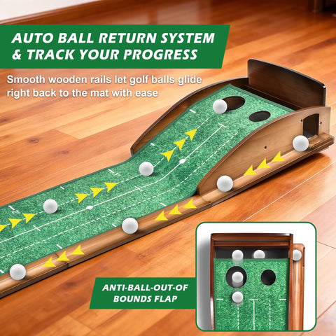 Indoor Putting Green Mat Extra Large And Wide 9.8 Foot With Ball Return Wrinkle Free Crystal Velvet Surface on wooden floor