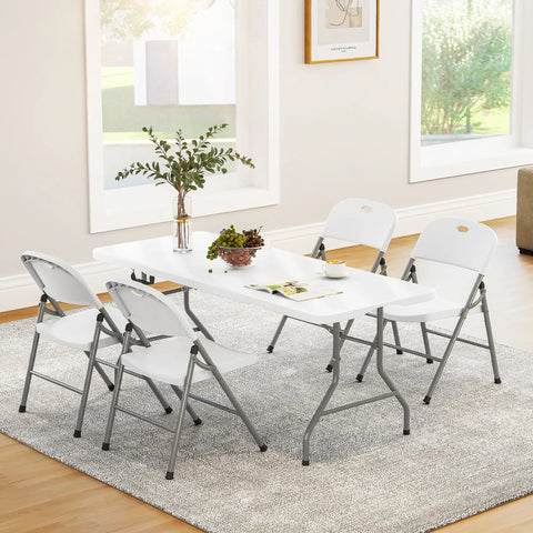 Dining setup with Beefy Folding Table 6Ft Heavy Duty 350 Lb Capacity With 18 Percent Thicker HDPE Waterproof Top and chairs