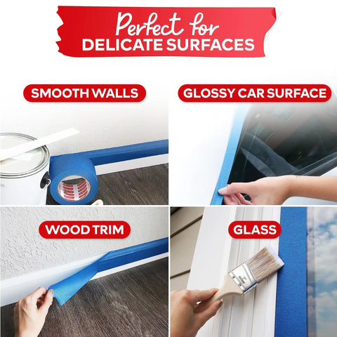 Blue Painter Tape 2 Inch By 60 Yards Bulk 12 Roll Pack With Sharp Edge Line Technology used on smooth walls and glass surfaces.