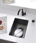 Undermount 14 Inch Bar Sink Black Stainless Steel Single Bowl 16 Gauge Dope Durable Wet Bar Prep RV Camper Outdoor Kitchen Sink With Bottom Grid And Drain in use with dishes
