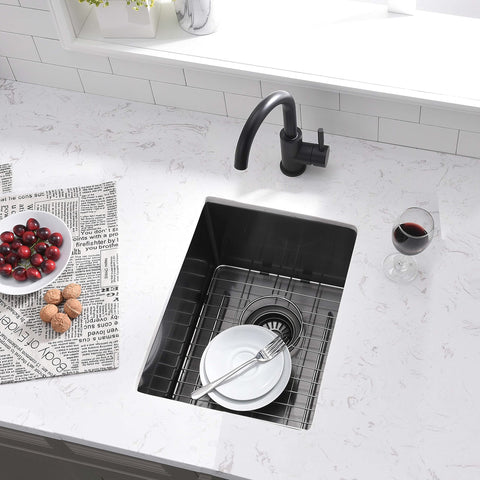 Undermount 14 Inch Bar Sink Black Stainless Steel Single Bowl 16 Gauge Dope Durable Wet Bar Prep RV Camper Outdoor Kitchen Sink With Bottom Grid And Drain in use with dishes