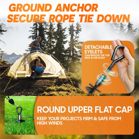 Tent secured by 4 Pack Heavy Duty Ground Anchors With Power Nut Driver Drill Bit Screw In Stakes for high wind.