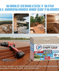 Box labeled Number Ten By Three Inch Stainless Steel Deck Screws 304 Grade 100 Pack Flat Head with driver bit on wooden deck