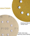 Close-up of 5-inch 8-hole discs from Dustless Sanding Discs Set 50 Pcs 5 Inch 8 Hole Round Sandpaper Grits 80 120 180 220 320 400 600 800.