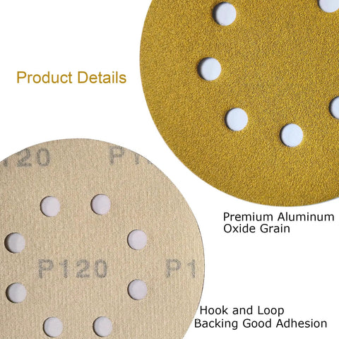 Close-up of 5-inch 8-hole discs from Dustless Sanding Discs Set 50 Pcs 5 Inch 8 Hole Round Sandpaper Grits 80 120 180 220 320 400 600 800.