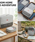 Grab And Go Travel First Aid Bag Set With Large And Small Empty Medical Bags And Independent Compartments on table and in suitcase.