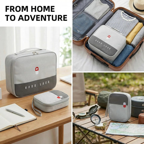 Grab And Go Travel First Aid Bag Set With Large And Small Empty Medical Bags And Independent Compartments on table and in suitcase.